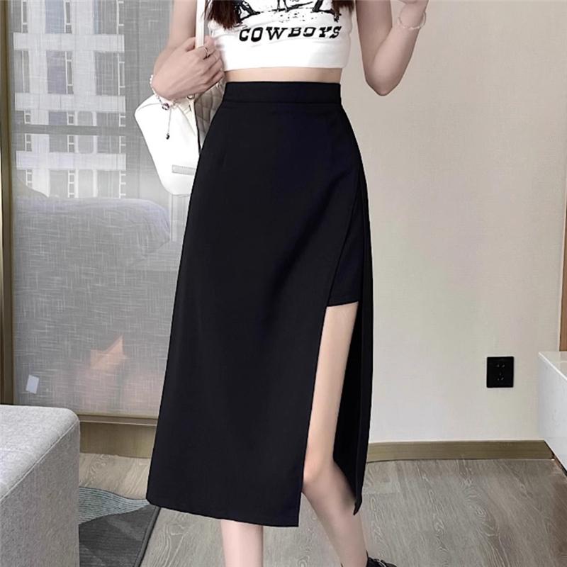 High Waist Hip Skirt Irregular Slit Black Skirt for Women Summer Mid-length A-line Harajuku Vintage Women Clothing