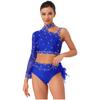 Sparkly Rhinestone Latin Dance Set for Womens - One Shoulder Long Sleeve Crop Top with Back Feather Briefs 2-Piece for Belly Dance Chacha Tango