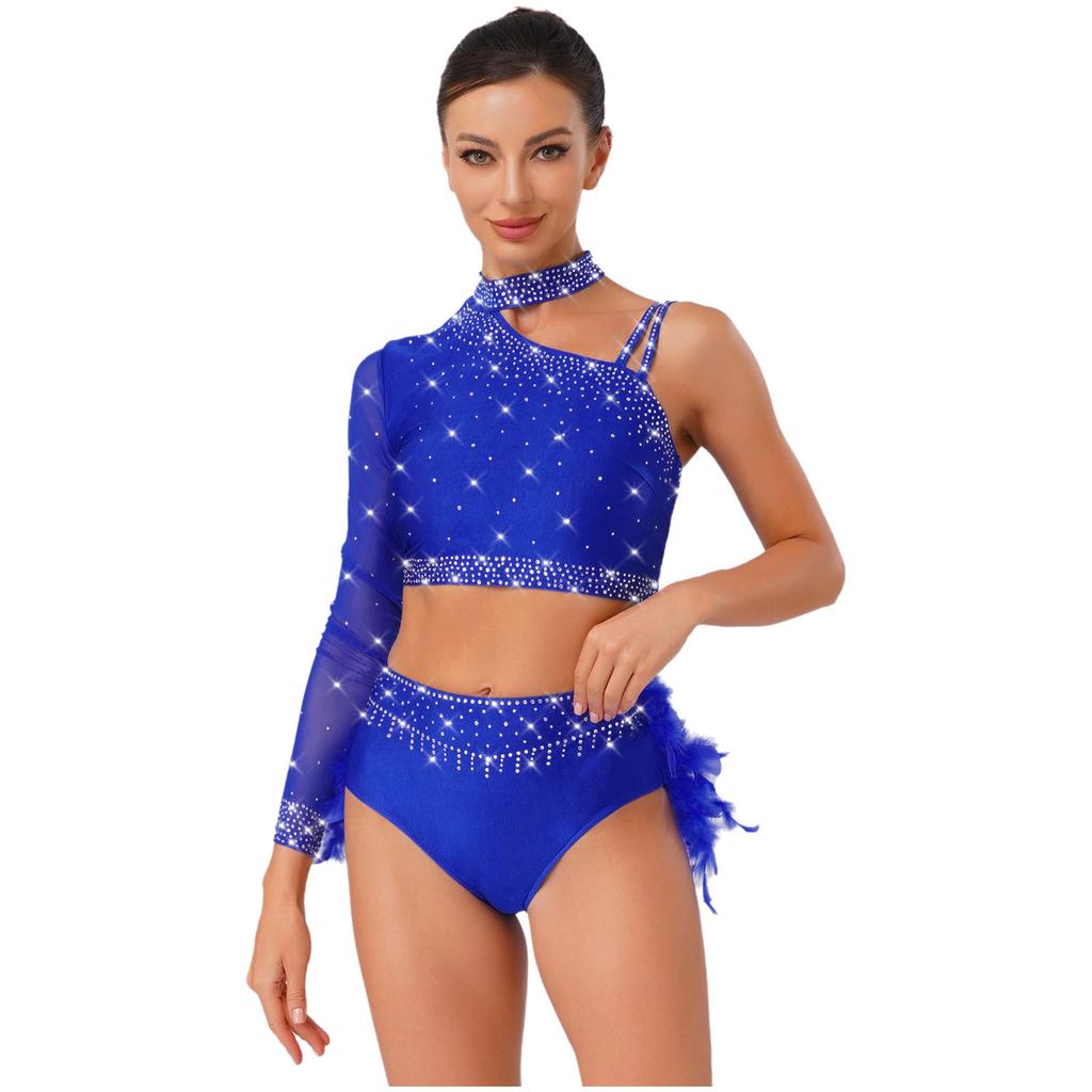 2-Piece Latin Dancewear Set for Womens - Sparkly Rhinestone One Shoulder Crop Top and Feather Back Briefs for Chacha Tango Belly Dance