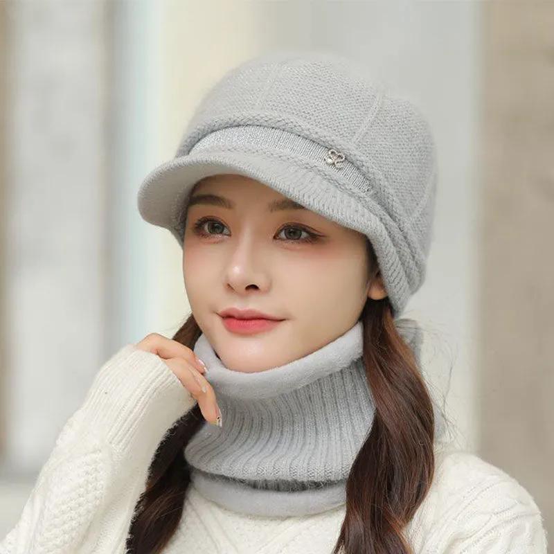 

WTEMPO Women s Solid Color Warm Winter Hat with Scarf Mom s Outdoor Cycling Cold-proof Windproof Elastic Knitted Hats scarf + hat серый