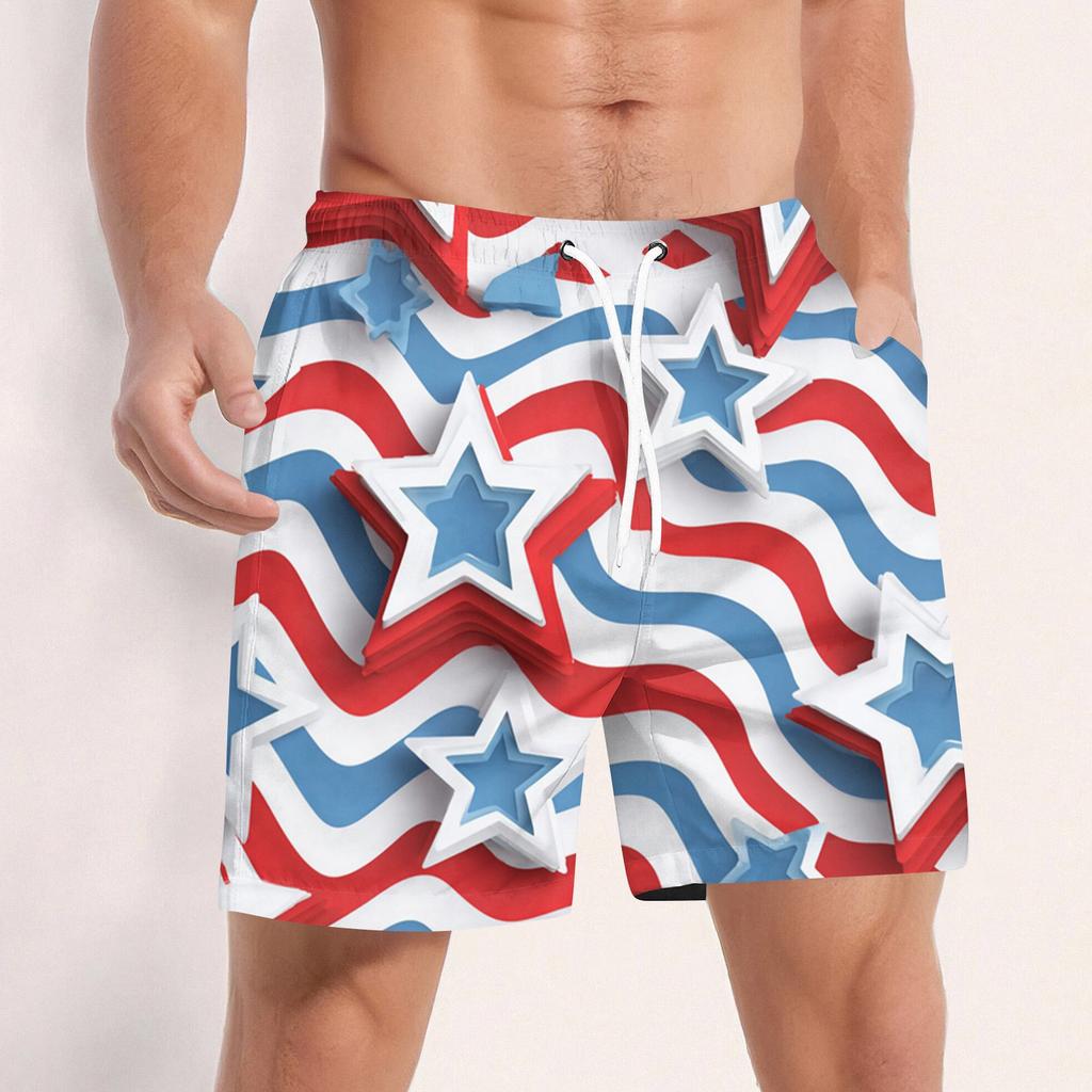 Men Swim Trunks Drawstring Waist 3D Star Print Quick Dry Board Shorts with Mesh and Side Pockets