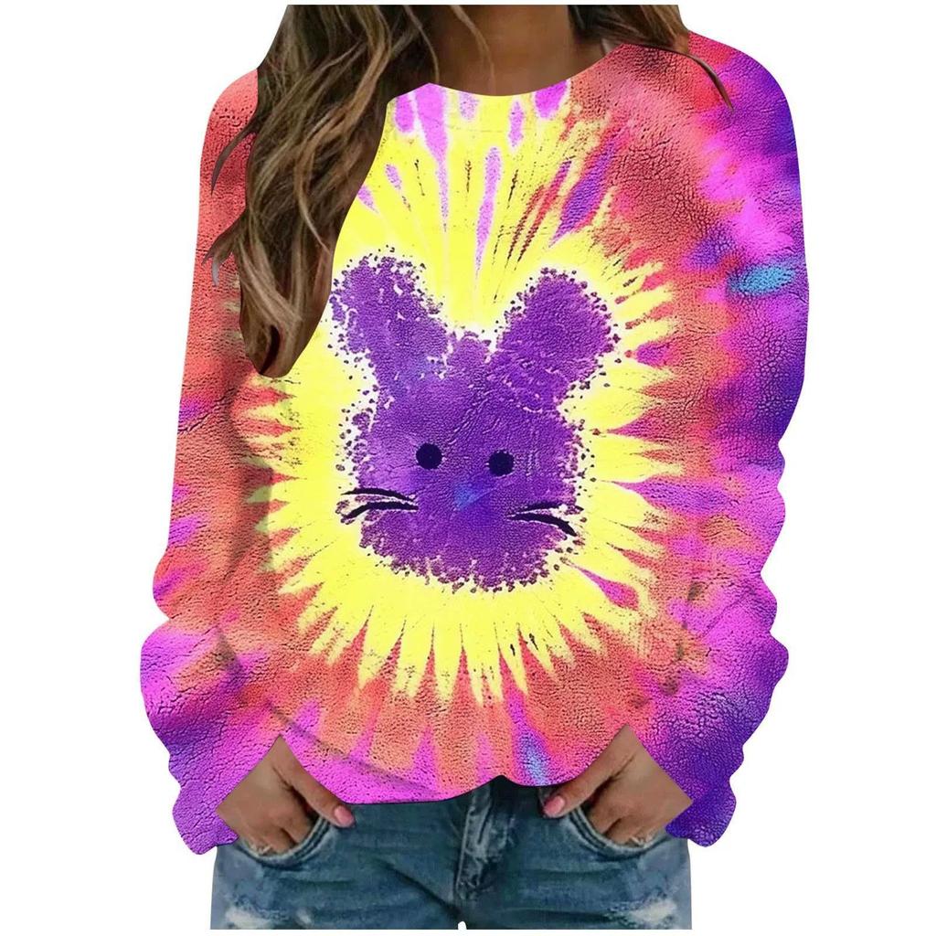 Round Neck 3D Tie Dye Rabbit Printed Top Fashionable Casual Long Sleeved Women's T-shirts