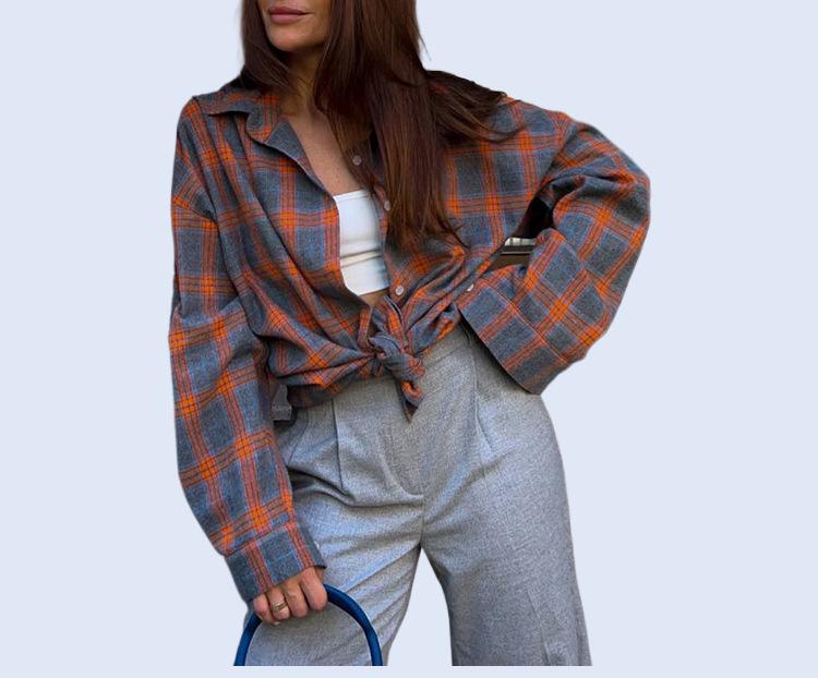 Women's Retro Plaid Long Sleeve Loose Lapel Shirt for Spring and Autumn