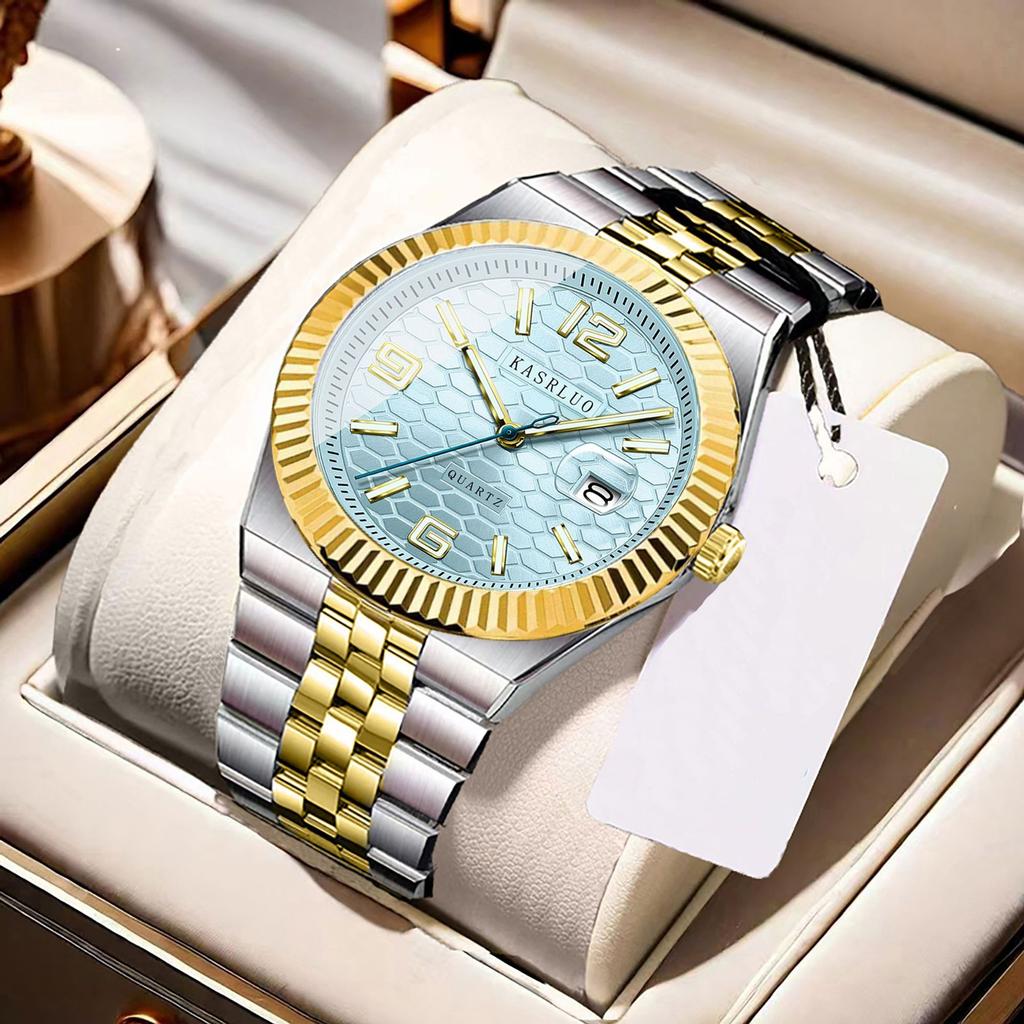 Men'S Watch Stainless Steel Waterproof Non-Mechanical Luminous Calendar Fashion Steel Belt Quartz Watch
