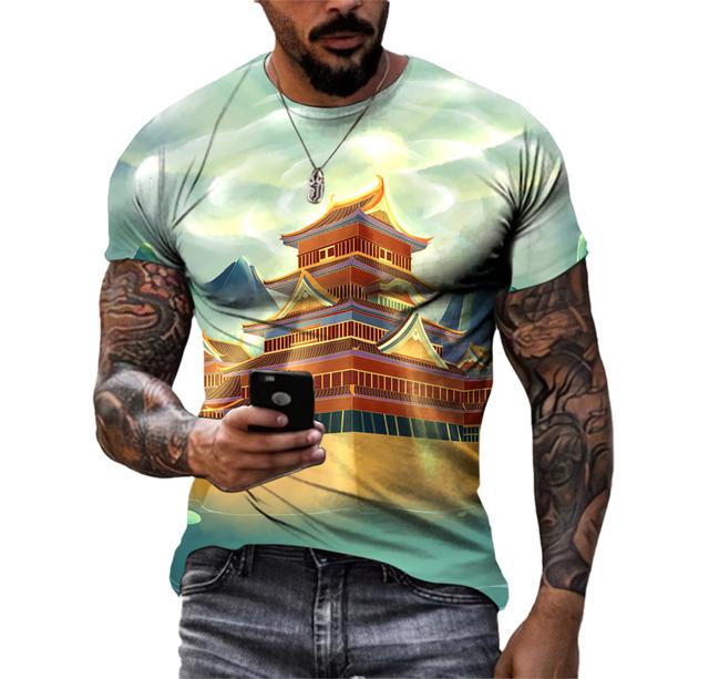 Piękne koszulki męskie z elementami chińskimi, casualowe, z nadrukiem HD 3D, wzorzyste, hip hopowe, Harajuku, z osobowością, z okrągłym dekoltem, z krótkim rękawem