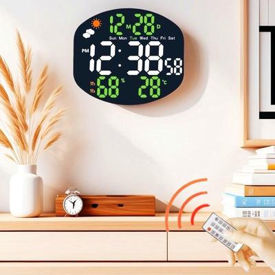 Große Digitale Wanduhr Wetterstation Vorhersage TEMP Luftfeuchtigkeit Datum Woche Nachtmodus Tischuhr 2 Alarme 12/24H LED Wecker
