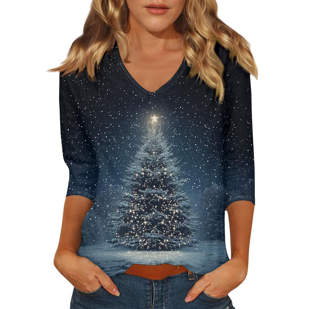 Women's Casual Fashionable Sexy Comfortable V-Neck Christmas Three-Quarter Sleeve Top