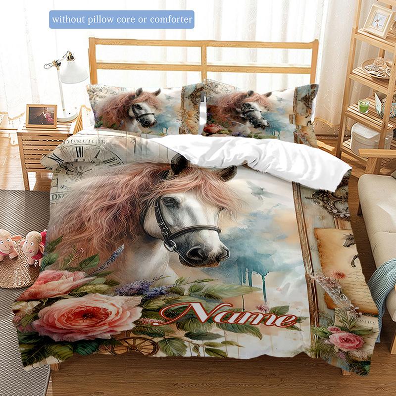 Flowersandhorses Customize Your Name Duvet Cover Soft Bedding Set For Bedroom Guest Room And Dorm Decoration Threepiece Set Includes 1 Duvet Cover 2