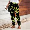 Women Leaf Printing Pants Lace Up Elastic Waist Loose  Trousers Casual Long Pants Trousers with Pockets