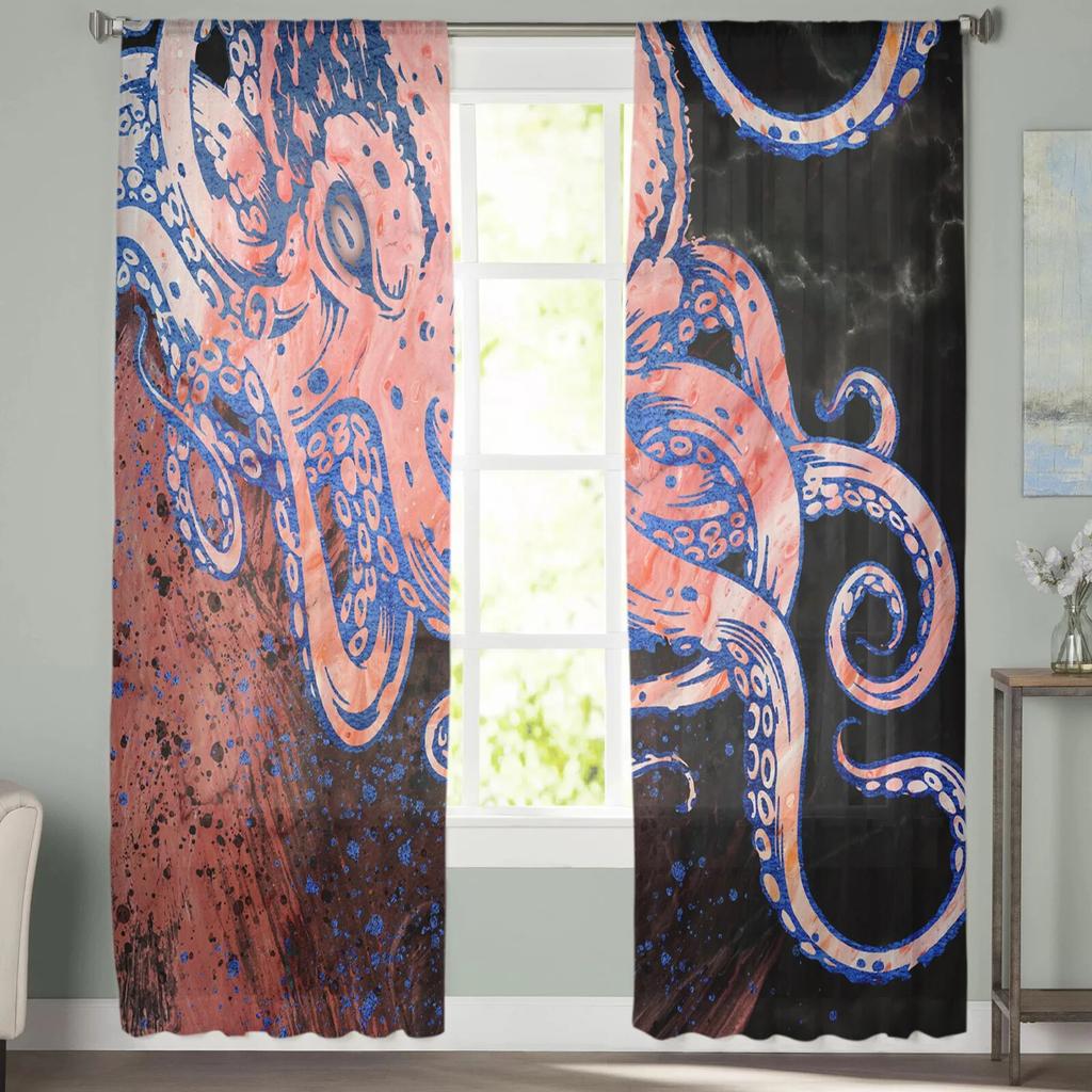 Octopus Texture Watercolor Tulle Curtain Home Office Window Decor Bedroom Kitchen Balcony Modern Sheer Curtain