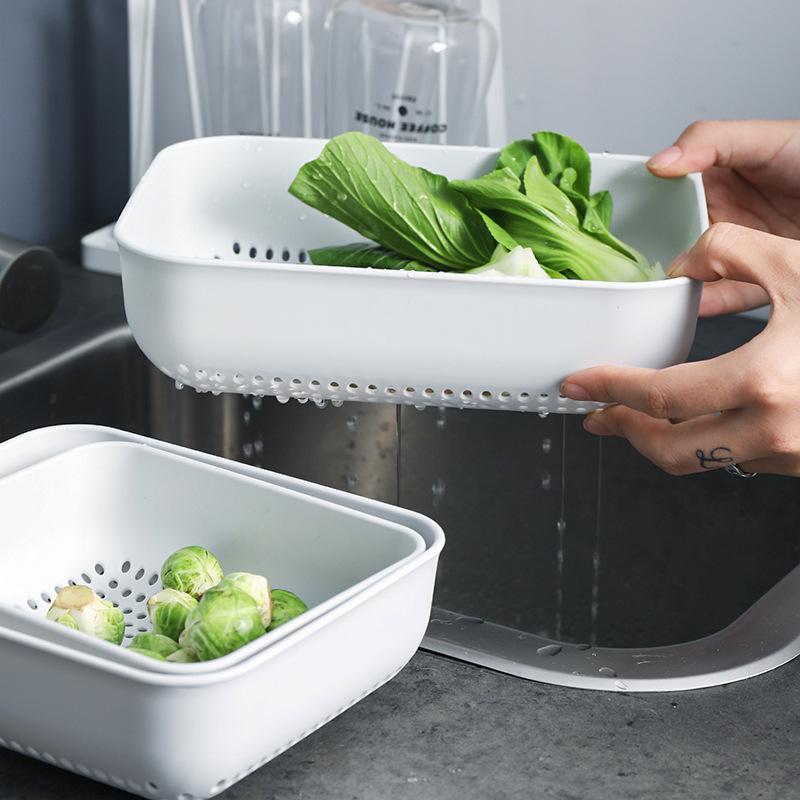 Kitchen Rectangular Plastic Vegetable Washing Basket Drain Basket Water Filter Hollow Fruit Storage Basket Three-piece Set