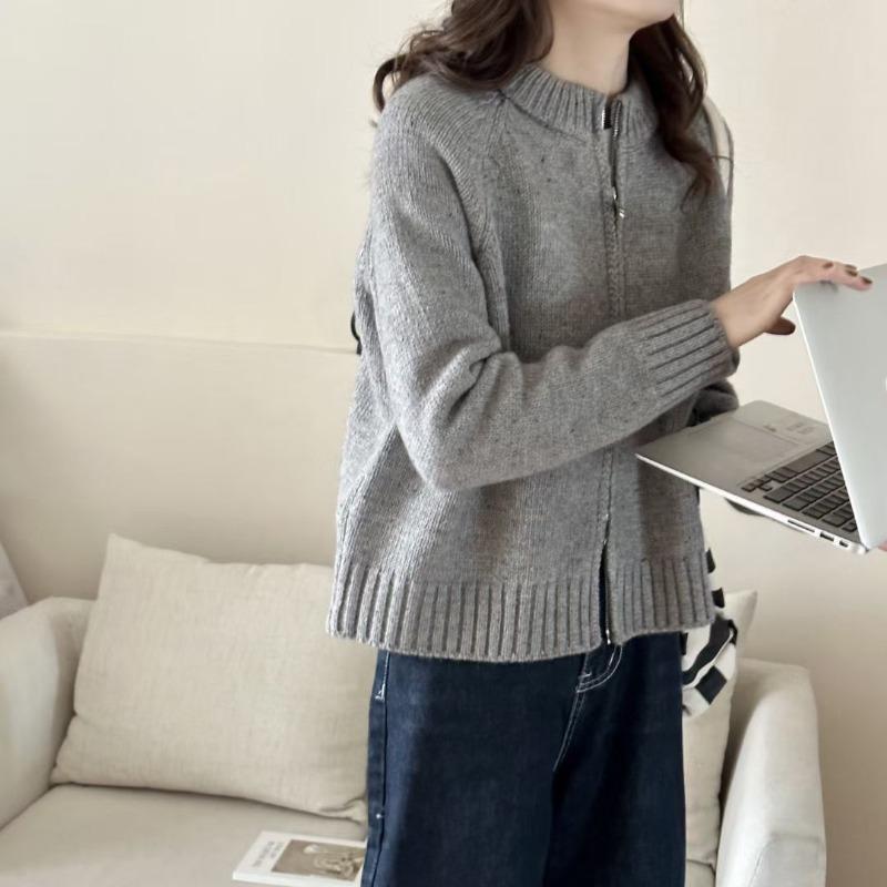 Retro Gentle Wind Variegated Knitted Cardigan Top Women's Autumn and Winter New Round Neck Short Lazy Sweater Jacket