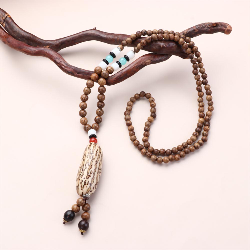 Boho Lucky Gift Party Handmade Mala Wood Bead Nepal Necklace Buddhist Horn Fish Pendant