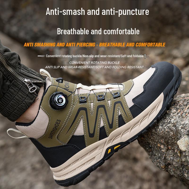 High-Top Safety Shoes with Rotating Button, Anti-Smash, Anti-Puncture, Wear-Resistant, No-Tie Laces