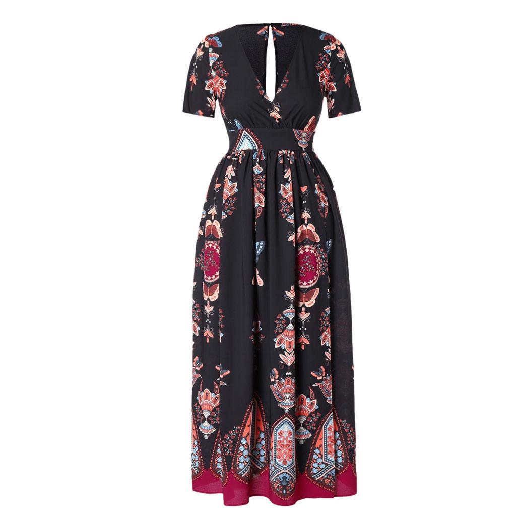 Plus Size Fashion Women Butterfly Printed V-Neck Short Sleeve Casual Long Dress