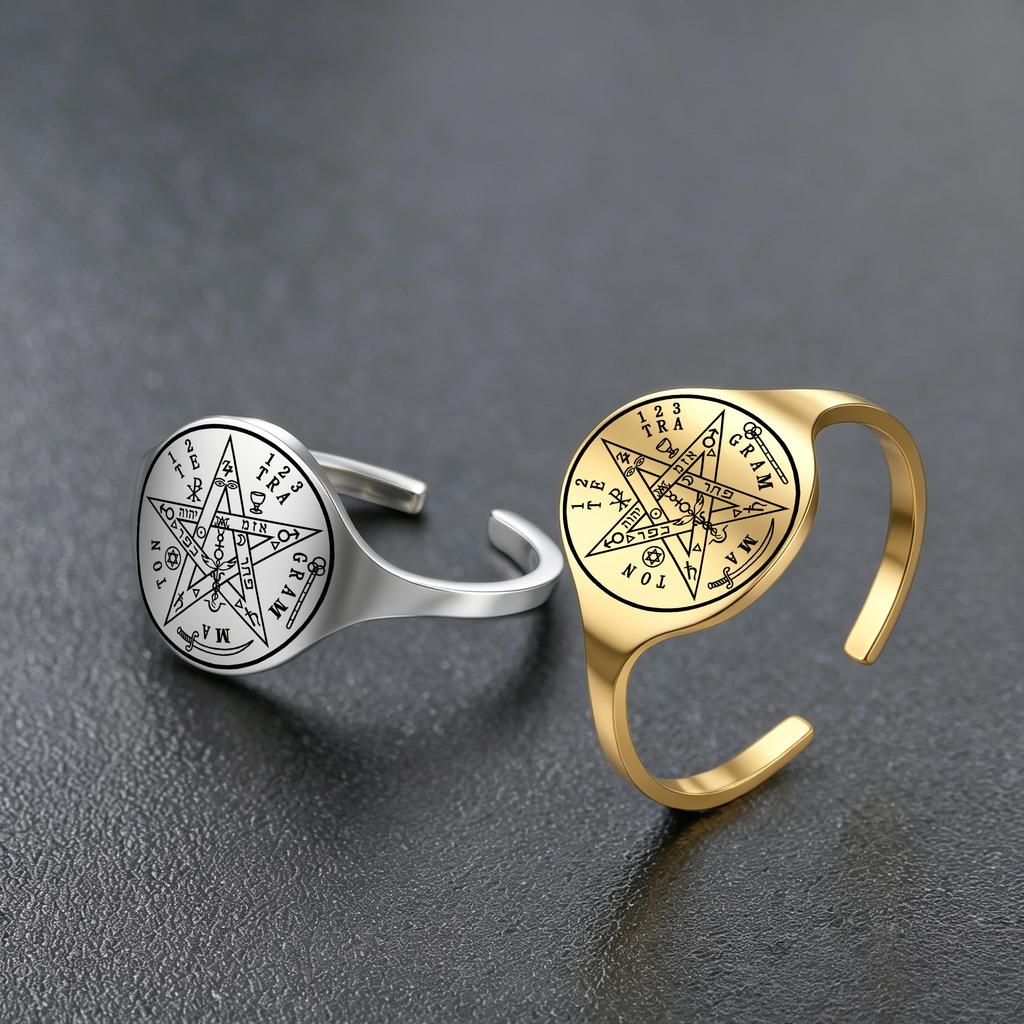 Pentagramm Schutz Talisman Amulett Ring Edelstahl Tetragrammaton Offene Ringe Spirituelles Siegel Schmuck Geschenk für Frauen
