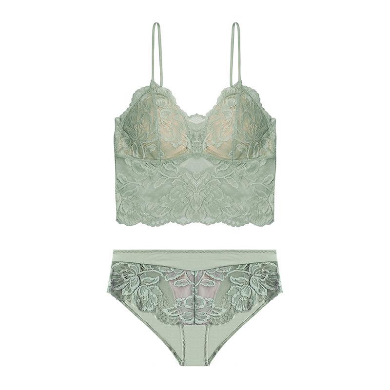 Lace Wire-Free Triangle Cup Bra & Panty Set with Strappy Design and Chest Pads for Small Busts