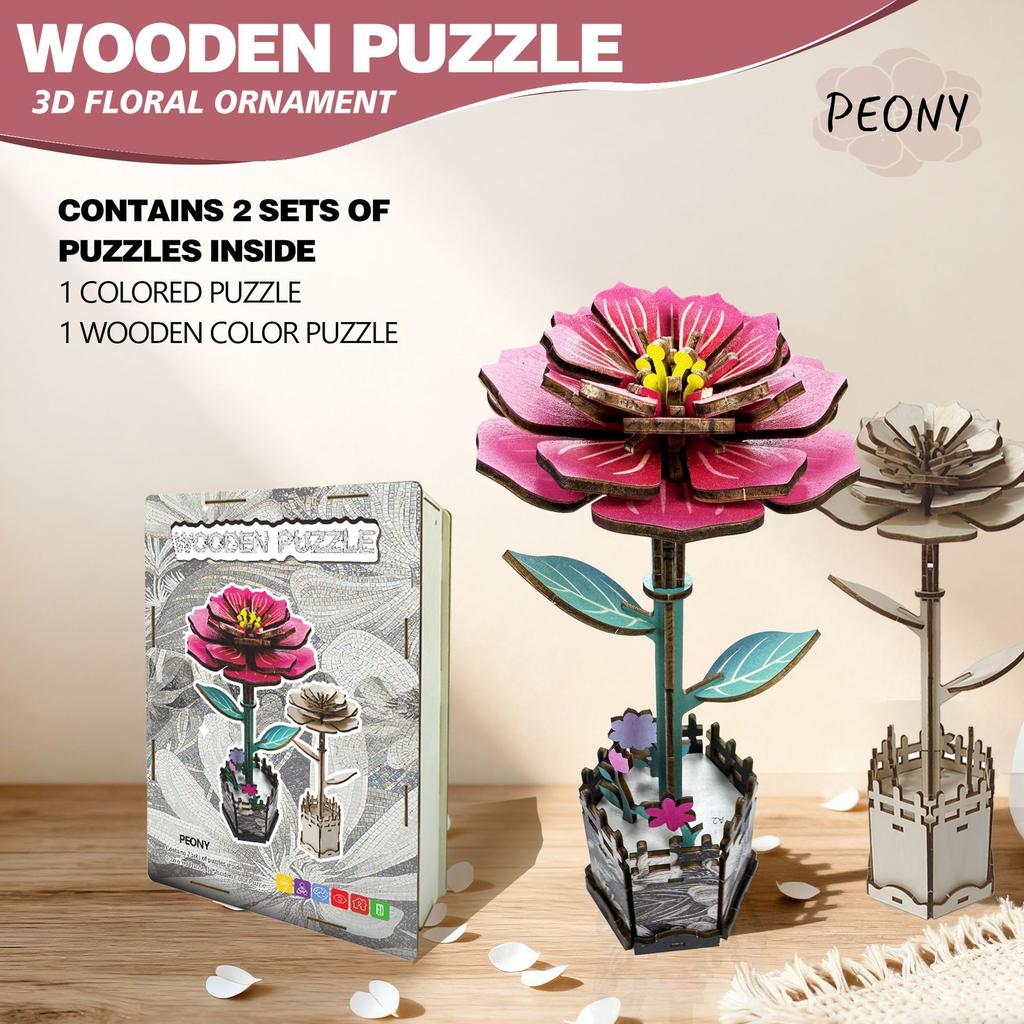 Wacocetoy Cross-Border Peony Flower Puzzle 3D Wooden Toy Two-In-One Set Diy Coloring And Decompression Puzzle