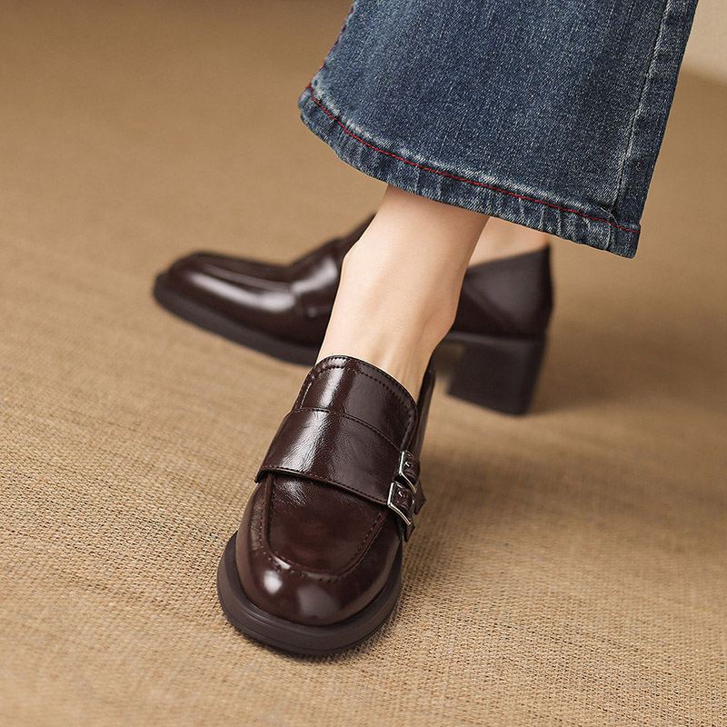 Krazing Pot Microfiber Round Toe Chunky Heels Spring Shoes Big Size 43 Street Wear Women Deep Mouth Vintage Pumps