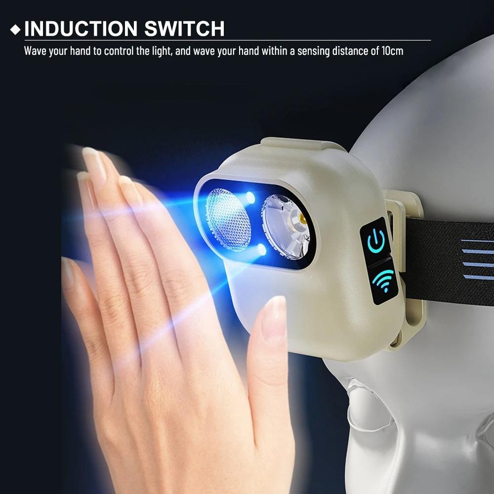 Induction LED Headlamp Rechargeable Headlight with Motion Sensor Hands-Free Head Torch for Walking Reading Repairing Camping
