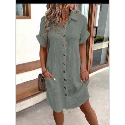 Damen Lässiges Einfarbiges Einreihiges Midi Kurzarm Lockeres Freizeitkleid