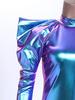 Women Metallic Shiny Bodysuit Dramatic Puff Sleeve Long Sleeve One Shoulder Mock Neck Asymmetrical Leotard