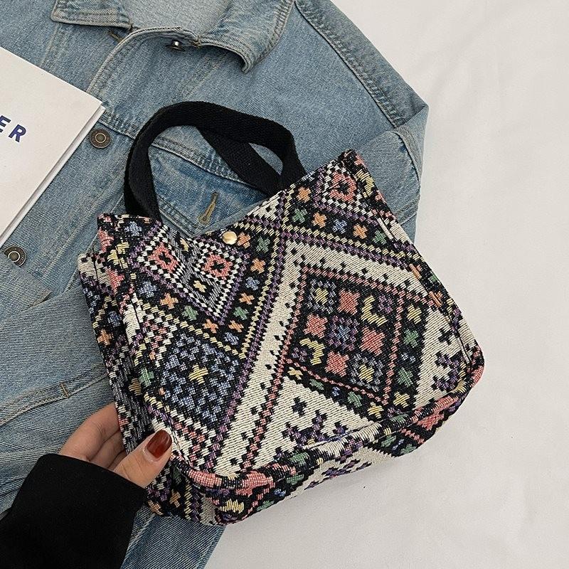 

Versatile Large Capacity Multicolor Ethnic Style Tote Bag For Commute And University Life Black Small