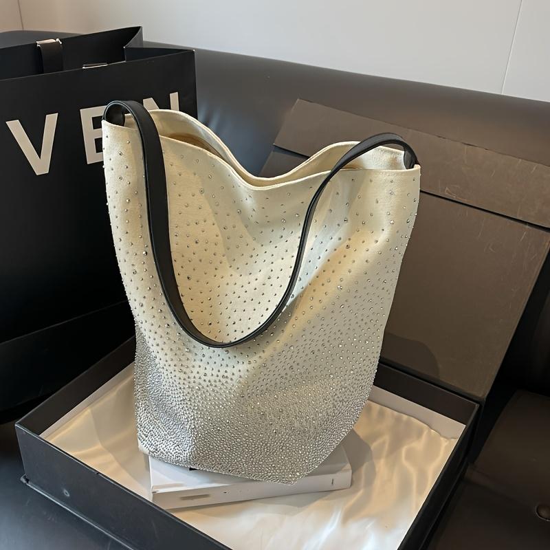 Women'S Glittery Canvas Tote Bag - Large Capacity, Sparkling Diamond Pattern, Zipper Closure, Polyester Lining, Ideal