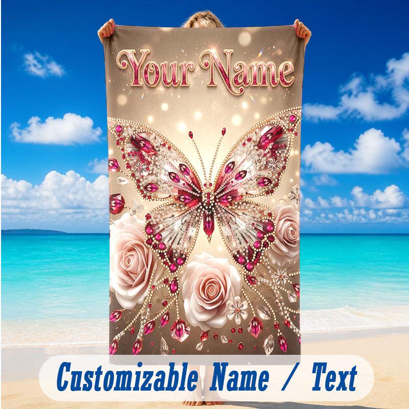 Butterfly Theme Beach Towel Personalized Custom Name & Text Soft Quick Dry Beach Towel for Swimming Travel