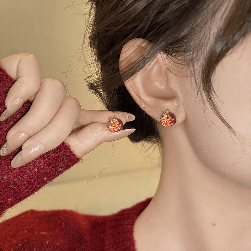 Vintage Enamel Diamond Pomegranate Stud Earrings: Luxurious, High-End, and Versatile Design.