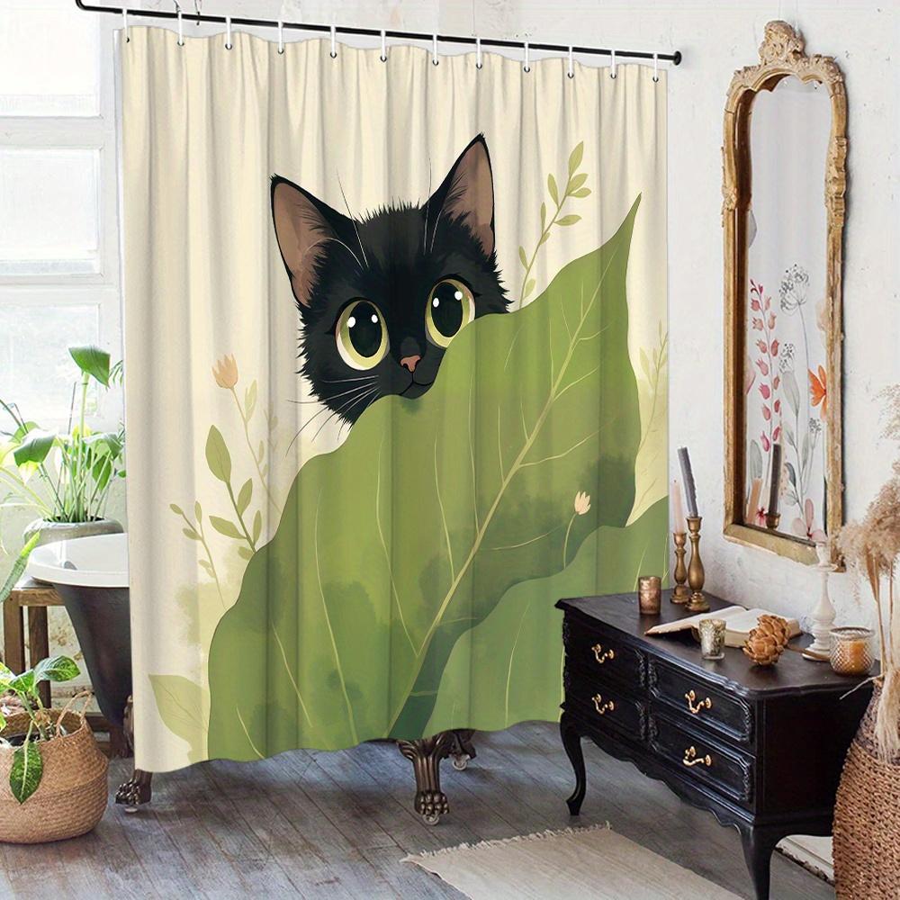 1pc Cute Black Cat Peeking Behind Green Leaf Shower Curtain - Soft Minimalist Polyester Bathroom Decor with 12 Hooks