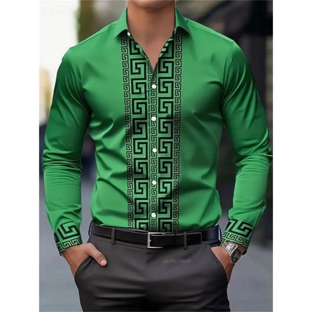 Men's Long-Sleeved Shirt with Pattern Design, Fashionable Lapel Button-Down Top, Versatile, Casual and Comfortable Men's Top
