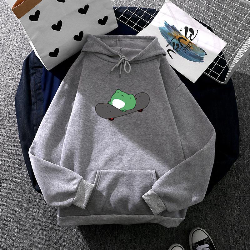

Женские осенне-зимние скейтборды с лягушкой и принтом, универсальные толстовки с капюшоном на шнуровке S серый