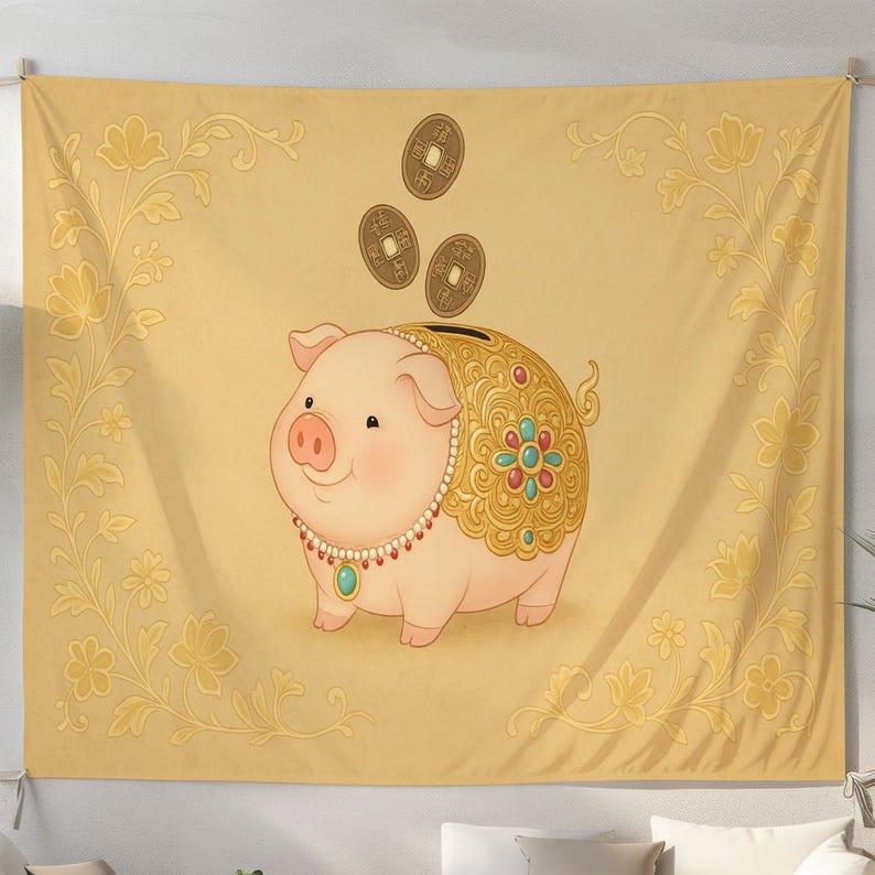 Golden Pig Piggy Bank tapestry 75x100 чёрный