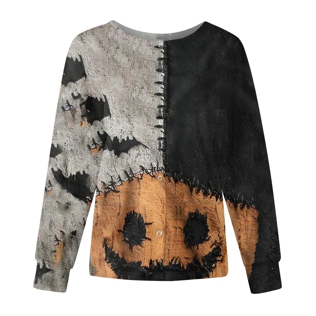 Women's Casual Fashion Long Sleeve Standing Collar Single Breasted Halloween Print Workwear Jacket Tops