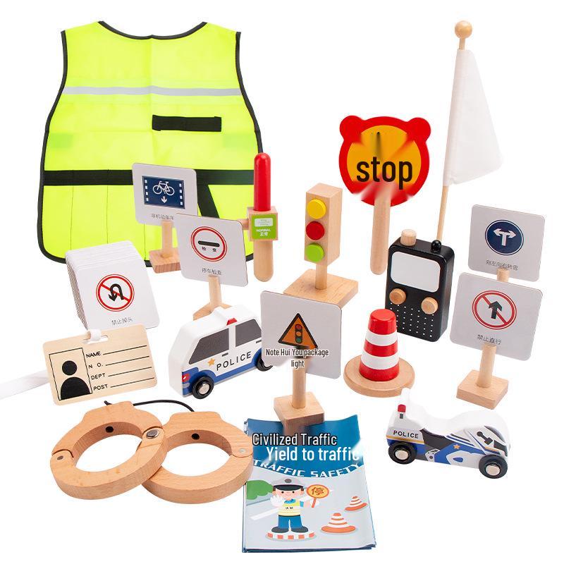Wooden Traffic Police & Firefighter Role Play Toy Set for Kids Ages 3-6