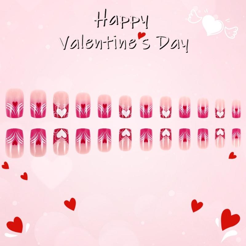 Valentine's Day Press On Nail Colorful Heart Designs Glossy False Nail Romance Acrylic Square Nail for Women 24pcs