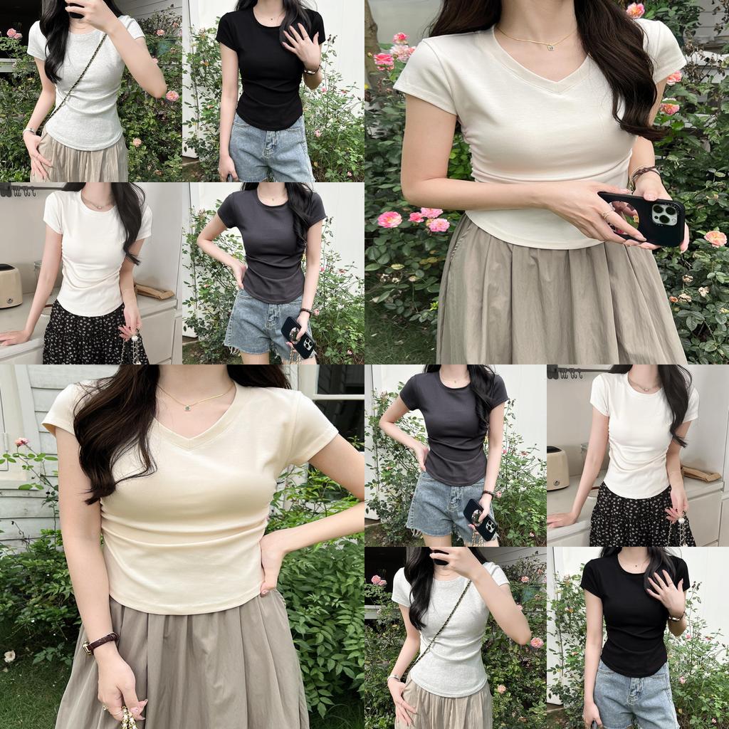 Cotton Short Sleeve T Shirt For Women With Pleated Design And Slim Fit For Casual Wear