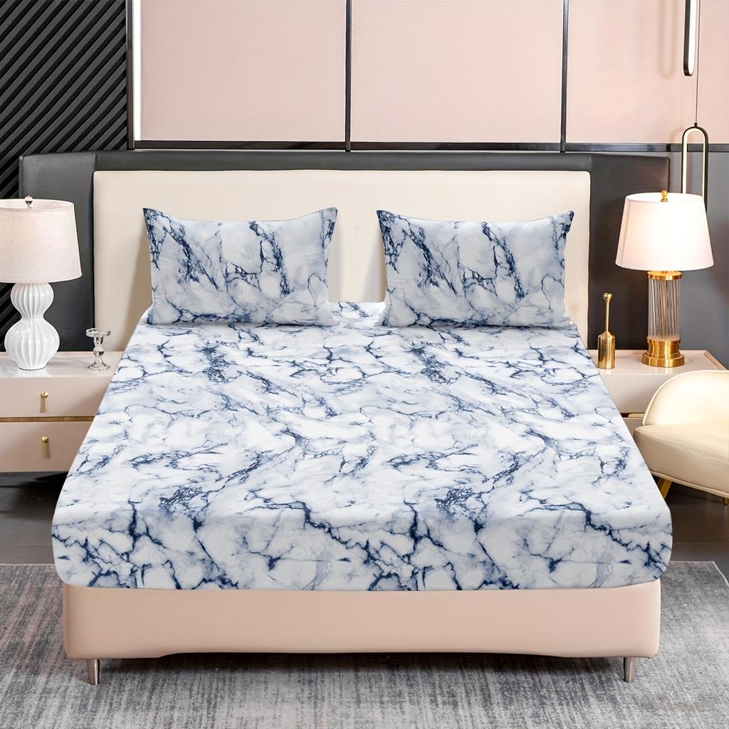 3-Piece Marble Print Fitted Sheet Set - Ultra Soft Breathable Microfiber Fabric Hypoallergenic Wrinkle-Resistant Easy Care -