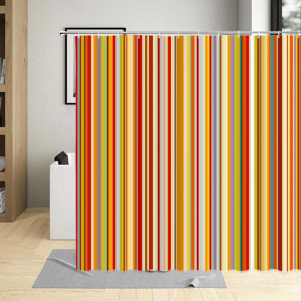 Geometric Lines Shower Curtain Colorful Stripe Printing Waterproof Bathroom Decor Polyester Fabric Curtains With 12 Pcs Hooks