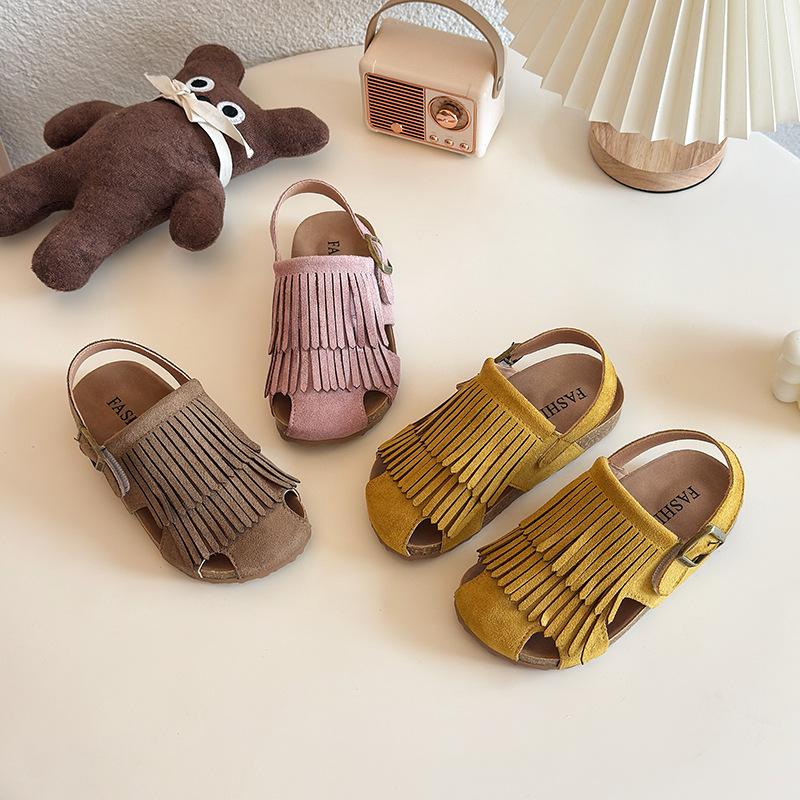 Summer Peep Toe Tassel Children Shoes Girls Sandals Soft Bottom Flat Heel Buckle Girl's Shoes Back Strape Slingbacks Shoe I05285