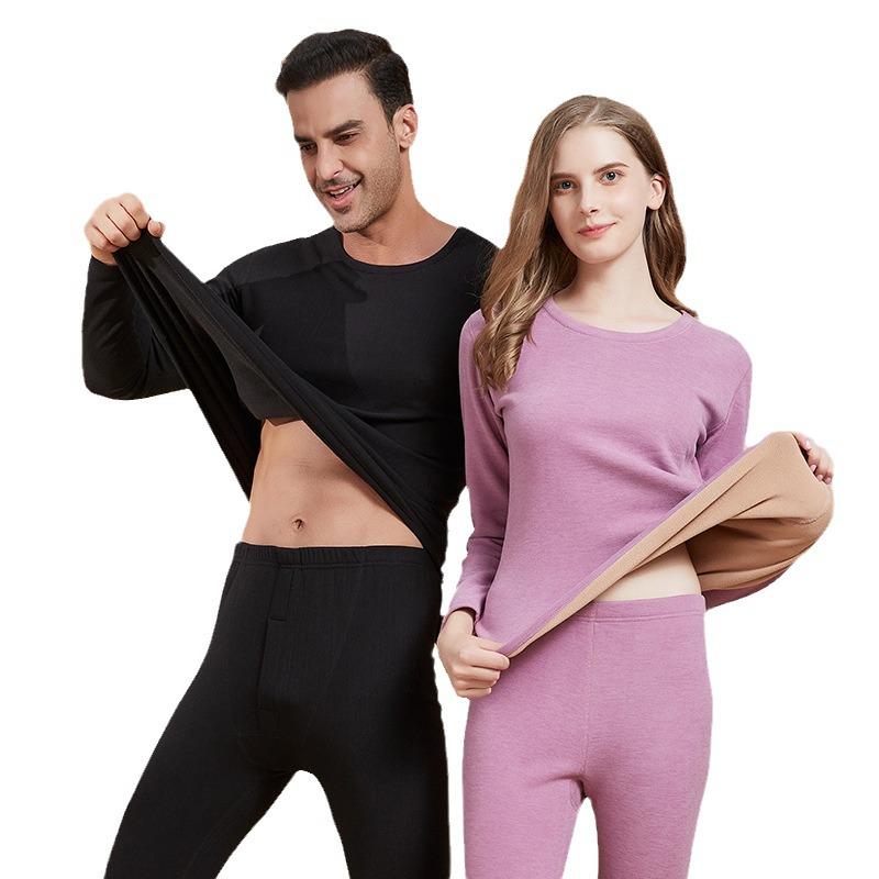 "Men's Black & Gold Patch Thermal Set: Velvet-Lined Autumn/Winter Underwear"
