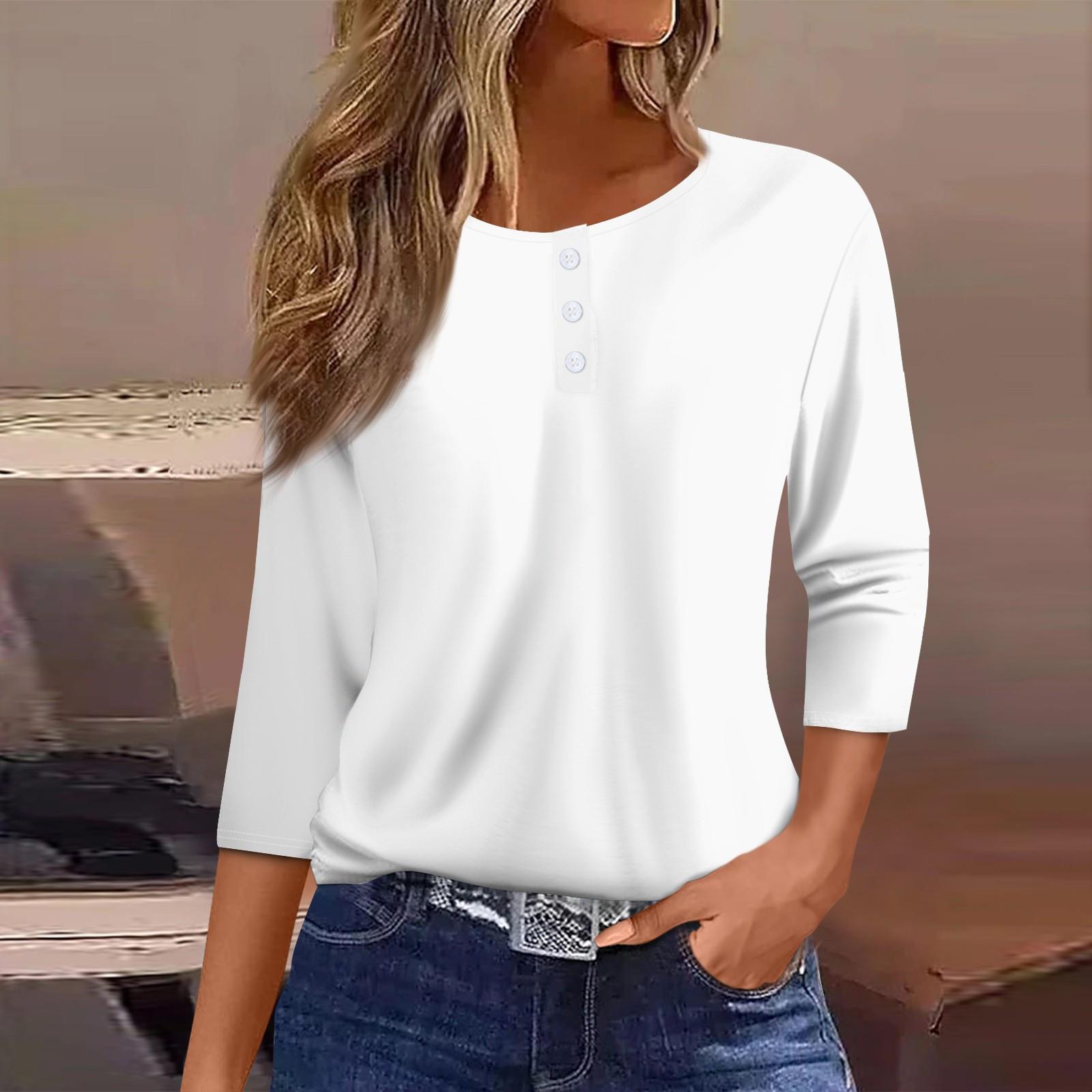 

Жен. Футболка Футболка с принтом Пуговицы Рукав 3/4 Повседневные Выходные Мода Классический Круглый вырез Обычный Топ XL белый
