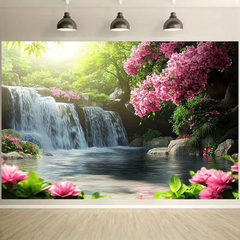 2D Serene Forest Waterfall Backdrop Blooming Nature Photography Background