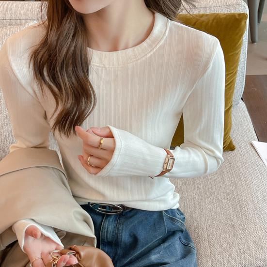 Women Bottom Tops Round Neck Long Sleeve Slim Fit Pullover Tops Solid Color Design Ribbed Texture Tee Shirt