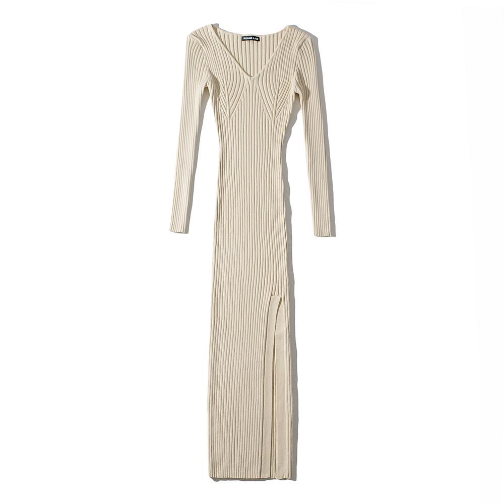 2026 American Hot Girl Rib Knit V-Neck Bodycon Sweater Dress with Slim Fit and Split Hem