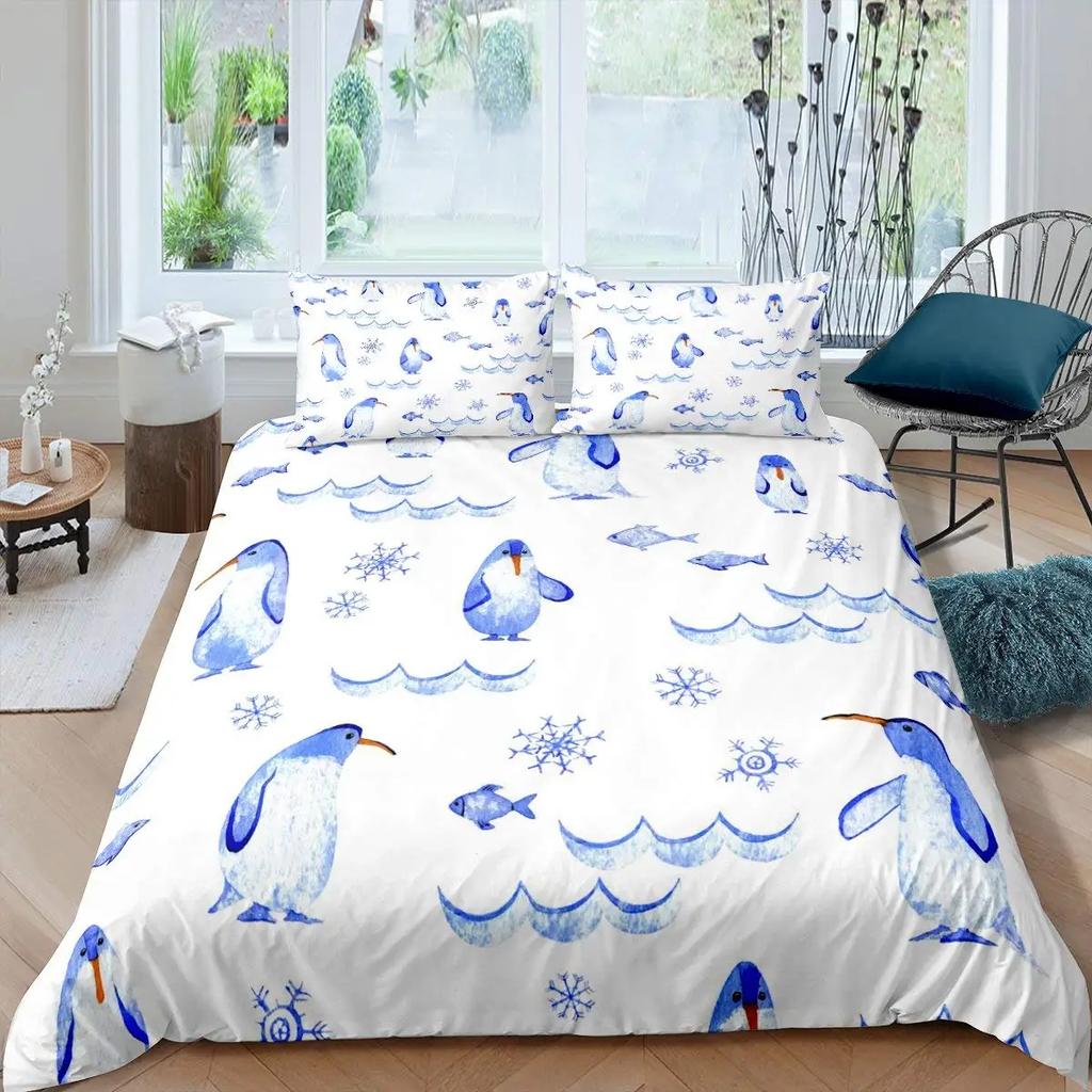 Penguin Duvet Cover Set Antarctic Animals Bedding Set For Kids Boys Girls Cartoon Style King Size Winter Theme Comforter Cover