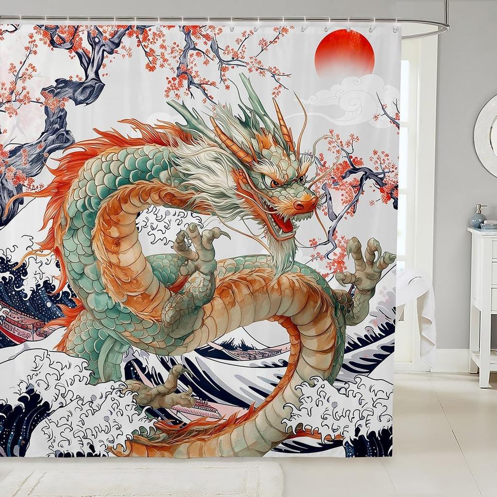Cartoon Lion Shower Curtain for Kids Boys Girls Japanese Style Waterproof Bathroom Curtain, Vintage Ukiyoe Bath Curtain Ocean