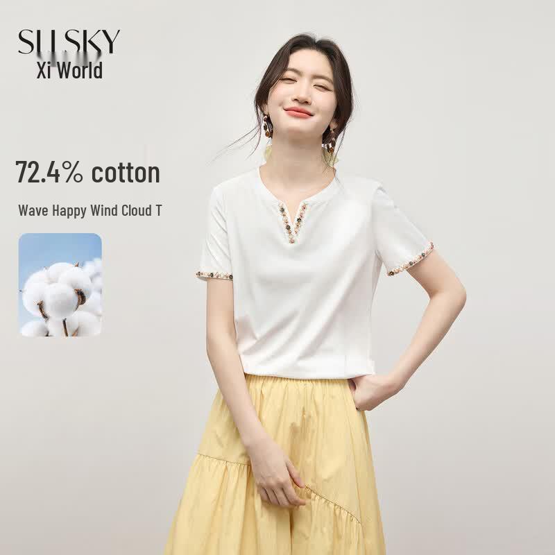 sllsky Women s Bohemian Ribbon White Short Sleeve T-Shirt S