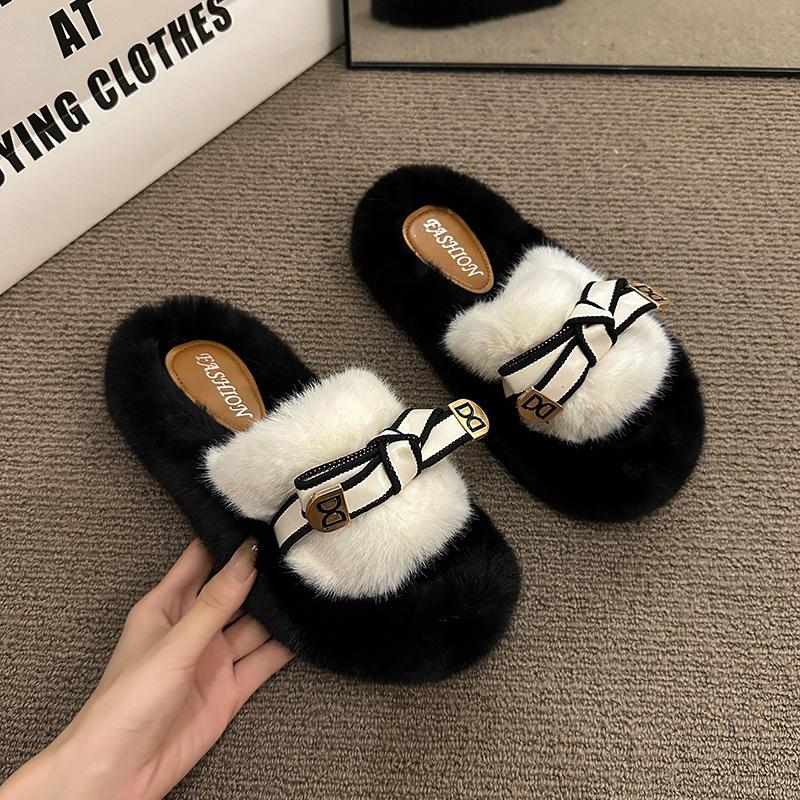 Internet celebrity black European wool slippers women wear 2025 autumn and winter new high-end thick-soled cotton slippers